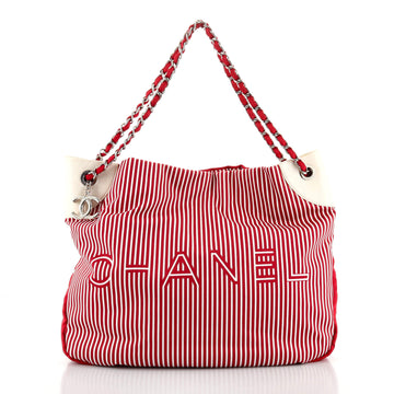 Chanel Logo Tote Striped Canvas Large