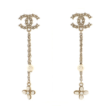 Chanel CC Flower Drop Earrings Metal with Crystals and Faux Pearls