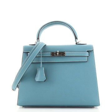 Hermes Kelly Handbag Blue Epsom with Palladium Hardware 25