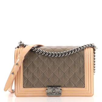 Chanel Boy Flap Bag Quilted Perforated Lambskin with Patent New Medium