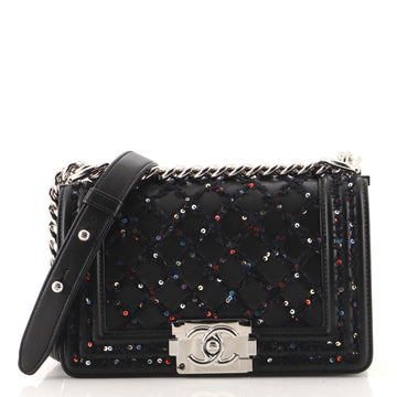 Chanel Boy Flap Bag Lambskin with Quilted Tweed and Sequins Small