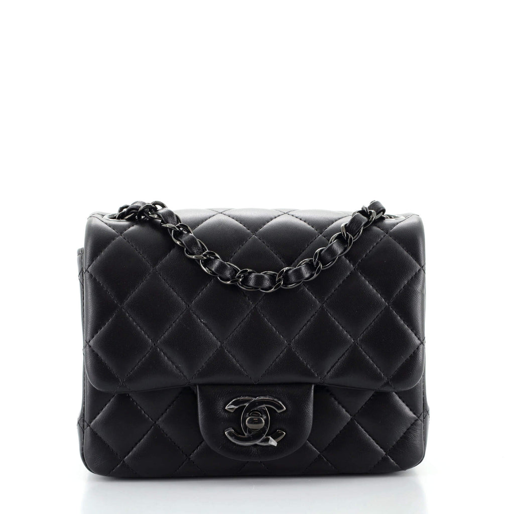Chanel So Black Square Classic Single Flap Bag Quilted Lambskin Mini Black  968342