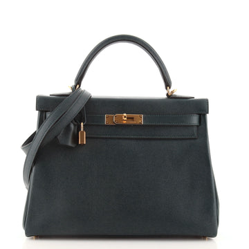 Hermes Kelly Handbag Green Evercolor with Gold Hardware 32