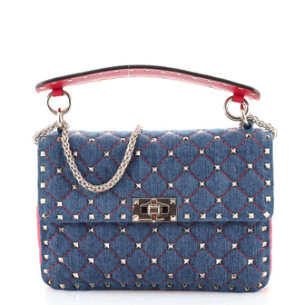 Valentino Rockstud Spike Flap Bag Quilted Denim Medium