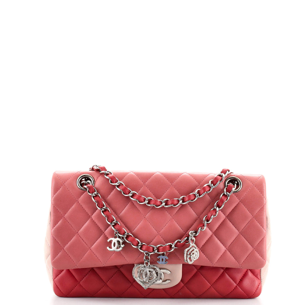 Chanel Tricolor Valentine Crystal Hearts Flap Bag Quilted Lambskin Medium  Pink 9699232