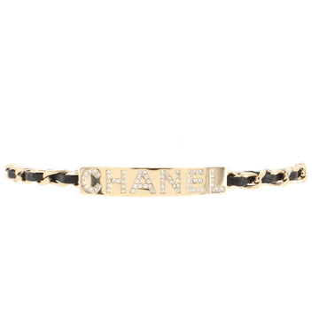 Chanel Chain Link ID Bracelet Metal and Leather with Crystals