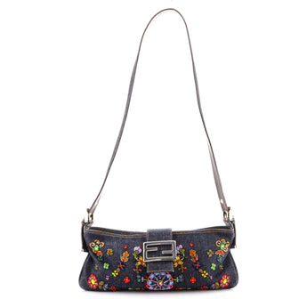 Fendi Vintage Baguette Shoulder Bag Embellished Denim Medium