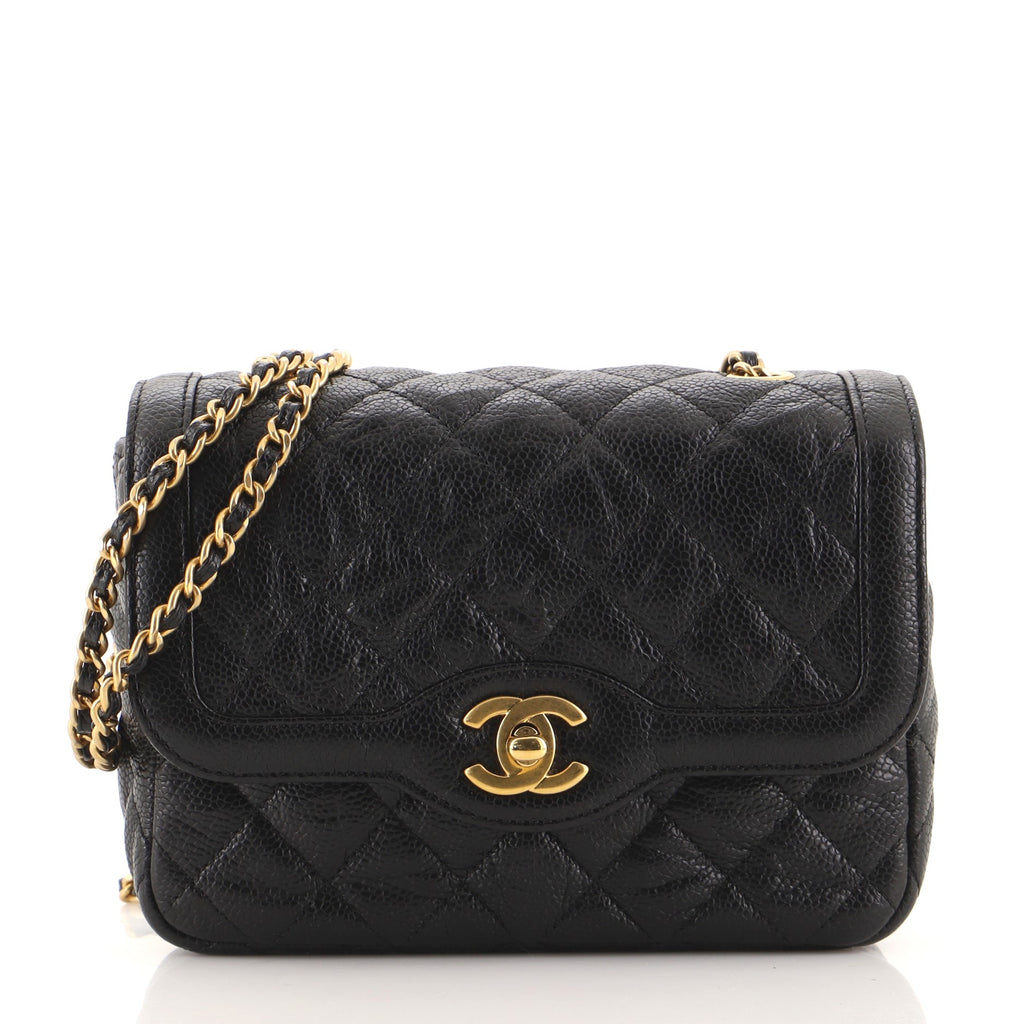 Chanel Two Tone Flap Bag Quilted Crumpled Cavier Mini Black 975144