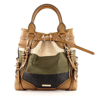 Burberry Bridle Whipstitch Convertible Tote Raffia with Leather Large