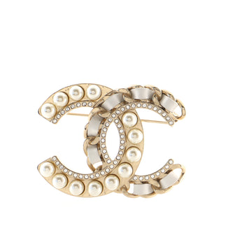 Chanel CC Chain Brooch Metal and Leather with Crystals and Faux Pearl