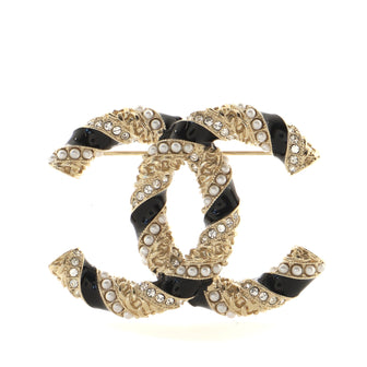 Chanel Twisted CC Brooch Metal and Enamel with Crystals and Faux Pearls