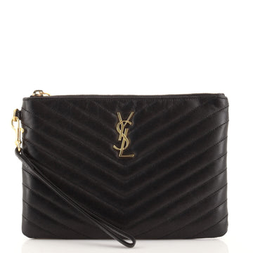 Saint Laurent Classic Monogram Wristlet Pouch Matelasse Chevron Leather Small