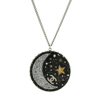 Chanel CC Moon & Stars Pendant Necklace Metal and Glitter Resin with Faux Pearls