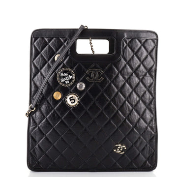 Chanel Charms Cut Out Handle Shopping Tote Quilted Aged Calfskin Large