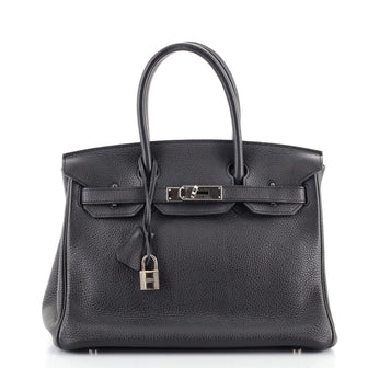 Hermes Birkin Handbag Black Clemence with Palladium Hardware 30