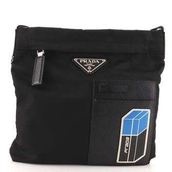 Prada Logo Patch Front Zip Messenger Bag Tessuto Medium