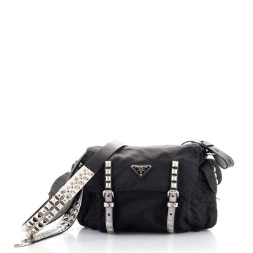 Prada New Vela Flap Messenger Bag Tessuto with Studded Leather Medium