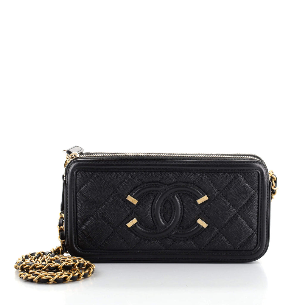 Chanel Filigree Double Zip Clutch with Chain Quilted Caviar Black