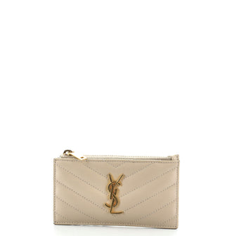 Saint Laurent Monogram Fragments Zip Card Holder Matelasse Chevron Leather