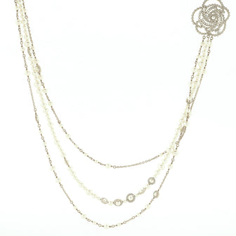 Chanel Camellia CC Triple Strand Necklace Faux Pearls and Metal with Crystals