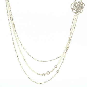 Chanel Camellia CC Triple Strand Necklace Faux Pearls and Metal with Crystals