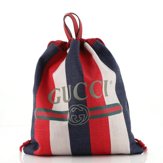 Gucci Logo Drawstring Backpack Striped Canvas Large