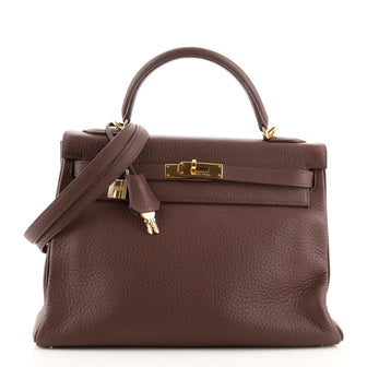 Hermes Kelly Handbag Brown Clemence with Gold Hardware 32
