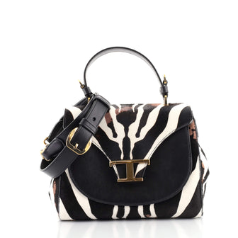 Tod's T Timeless Flap Top Handle Bag Printed Calf Hair with Leather Small