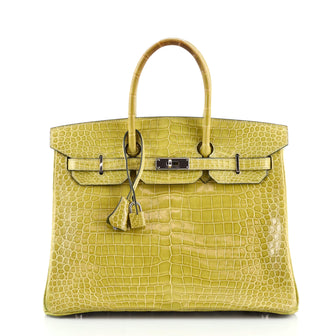Hermes Birkin Handbag Green Shiny Crocodile Porosus with Palladium Hardware 35