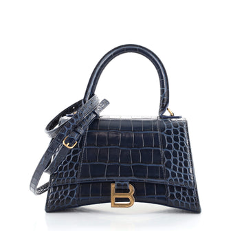Balenciaga Hourglass Top Handle Bag Crocodile Embossed Leather Small Blue