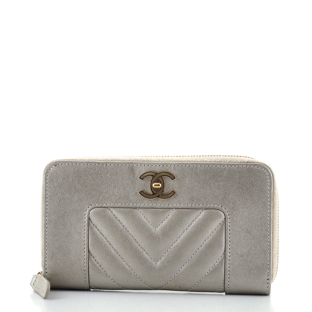 Chanel Mademoiselle Vintage Zip Around Wallet Chevron Sheepskin
