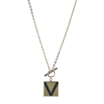 Louis Vuitton V Logo Square Pendant Necklace Sterling Silver with Enamel 