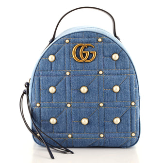 Gucci Pearly GG Marmont Backpack Embellished Matelasse Denim Small