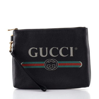 Gucci Logo Wristlet Clutch Printed Leather Medium