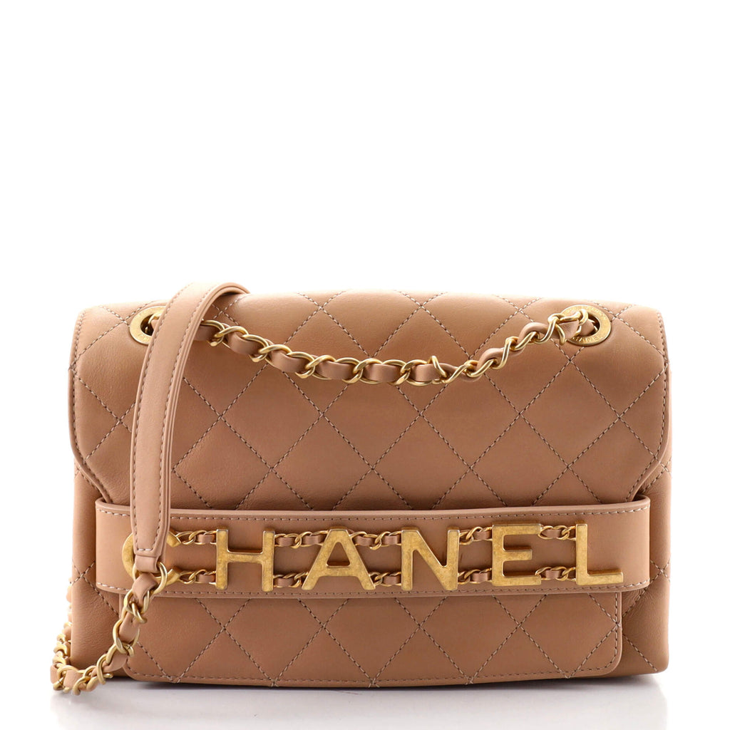 Chanel Logo Enchained Flap Bag Quilted Calfskin Medium Black 178364276