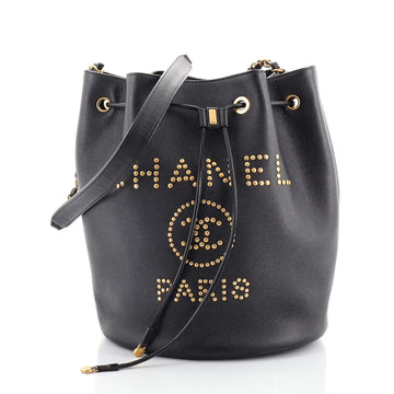 Chanel Deauville Drawstring Bucket Bag Studded Caviar Medium