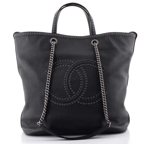 Chanel Black Calfskin Leather Coco Eyelets Large Shopping Tote Bag
