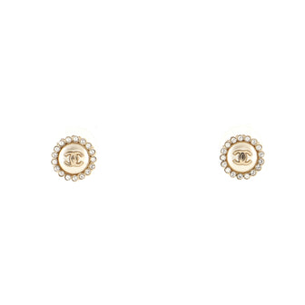 Chanel CC Button Stud Earrings Metal with Faux Pearls and Crystals