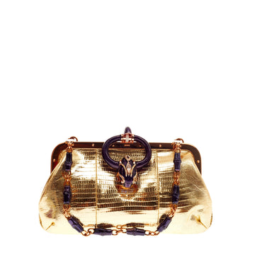 Gucci Bamboo Jeweled Frame Clutch Lizard with Snake Head Closure Small