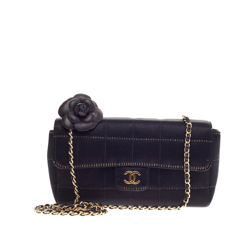 Chanel Black Quilted Satin Mini Flap Bag with Camellia Flower and, Lot  #58070