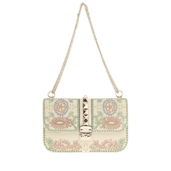 Valentino Glam Lock Shoulder Bag Embroidered Leather Medium