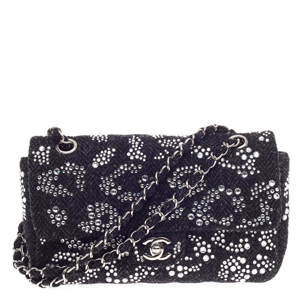 Chanel CC Flap Bag Strass Embellished Wool Medium Black 361801