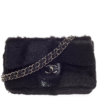 Chanel Classic Flap Patchwork Tweed and Fur Jumbo