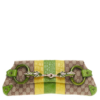 Gucci Jeweled Snake Head Horsebit Chain Strap Clutch GG Canvas and Alligator -