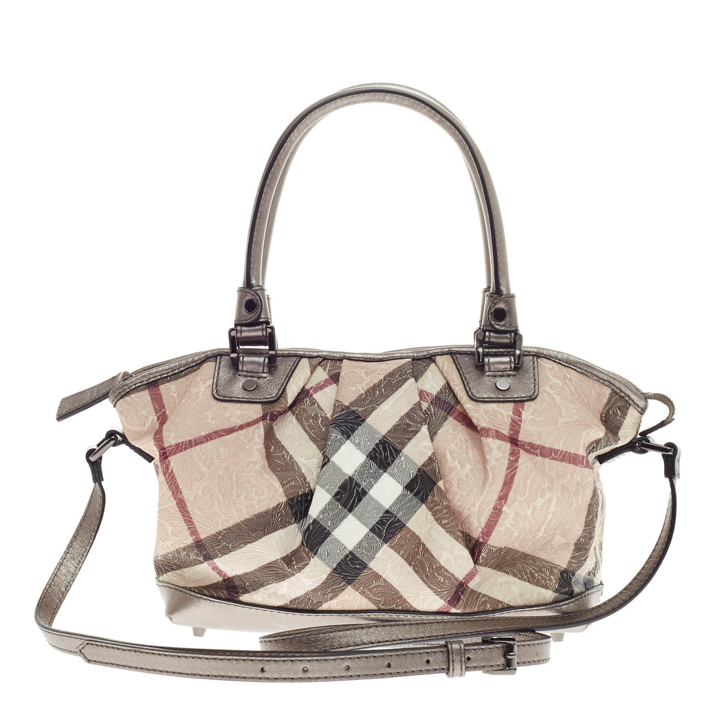 Burberry Convertible Pleated Zip Tote Embossed Nova Check Canvas