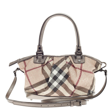 Burberry Convertible Pleated Zip Tote Embossed Nova Check Canvas Medium