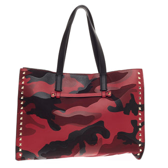 Valentino Rockstud Open Tote Camo Leather and Canvas Medium