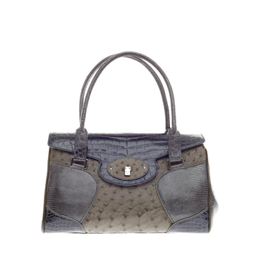 Lamberston Truex Top Flap Satchel Ostrich with Lizard and Crocodile Trim Medium