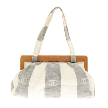 Chanel Wooden Frame Striped Shoulder Bag Linen
