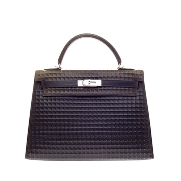 Hermes Kelly Black Waffle Box Calf with Palladium Hardware 32